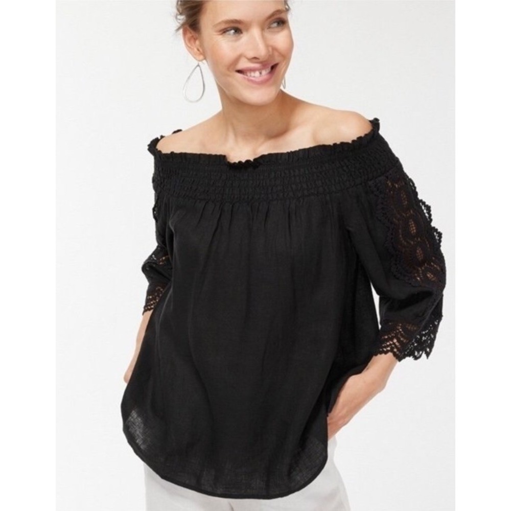 NWT Chico's 100% Linen Off-The-Shoulder Crochet Trim Top Black Size 1.5 US 10